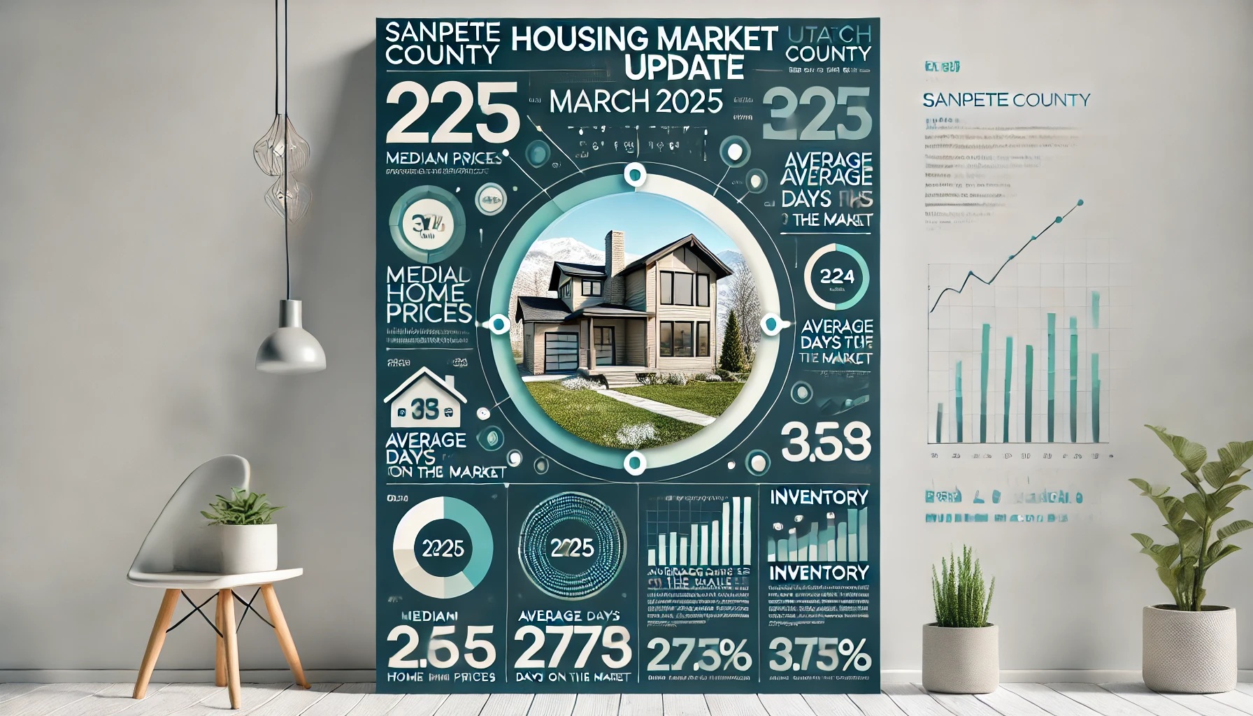 modern housing market update infographic for Sanpete County, March 2025, displayed in a stylish interior setting. The infographic includes statistics such as median home prices, average days on the market, and inventory levels, with a central image of a contemporary house.